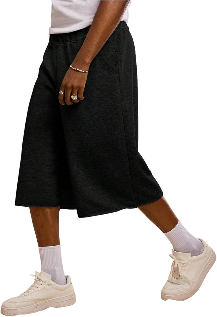 OYOANGLE Men's Gym Sweat Shorts Hip Hop Solid Below Knee Loose Basketball Athletic Capri Shorts with Pockets (Medium, Black)