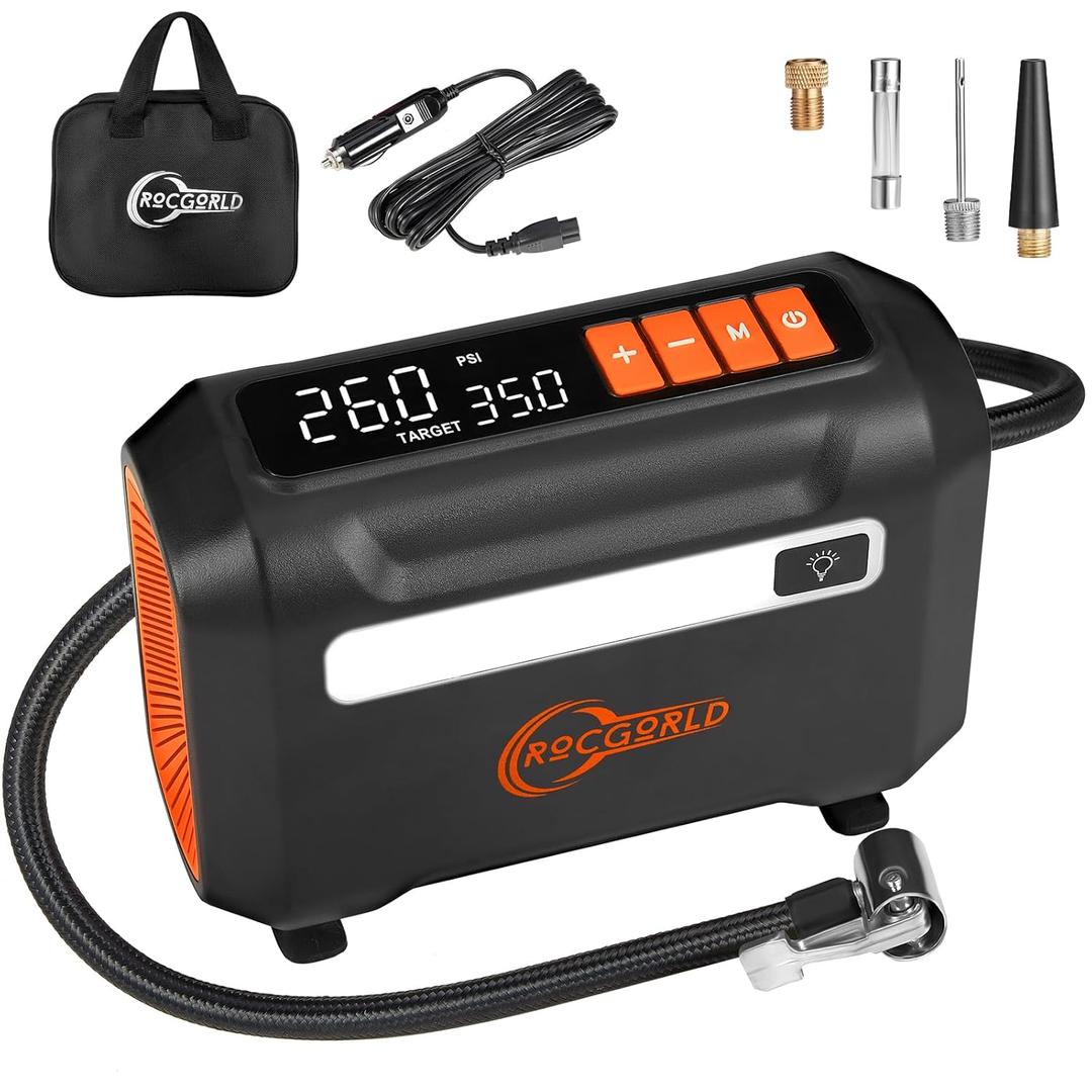 ROCGORLD R8 Tire Inflator Portable Air Compressor, DC 12V Air Compressor Portable with Large Dual Digital Screen, 3X Faster Inflation Air Pump for Car, Bike, Ball, Motor