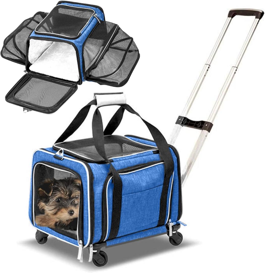Ruff Life 101 Airline Approved Expandable Premium Pet Carrier on Wheels- Two Sided Expandable Rolling Carrier- Designed for Dogs & Cats- Extra Spacious Soft Lined Carrier! (Blue)