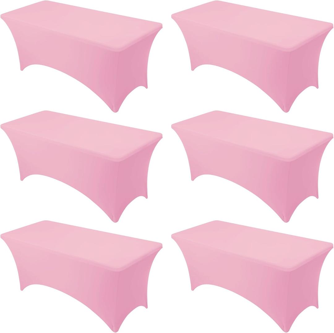 6-Pack Premium Pink Spandex Tablecloths for 6ft Rectangle Tables, Stain & Wrinkle-Resistant, Washable Stretch Polyester Fitted Table Cover for Weddings, Banquets, Trade Shows Events