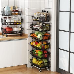 Fruit Vegetable Storage Basket with Wheels Kitchen Rack 6-Tier Stackable Floor-Standing Movable Organizer Household Snack Shelf for Living Room Dressers Stand