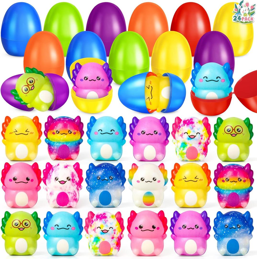 SpringFlower Easter Basket Stuffers, 24 Pack Plastic Easter Eggs filled with Axolotl Squishy Toys for Easter Egg Fillers, Easter Eggs Hunt, Easter Party Favors Gifts for kids, Classroom Easter Prizes