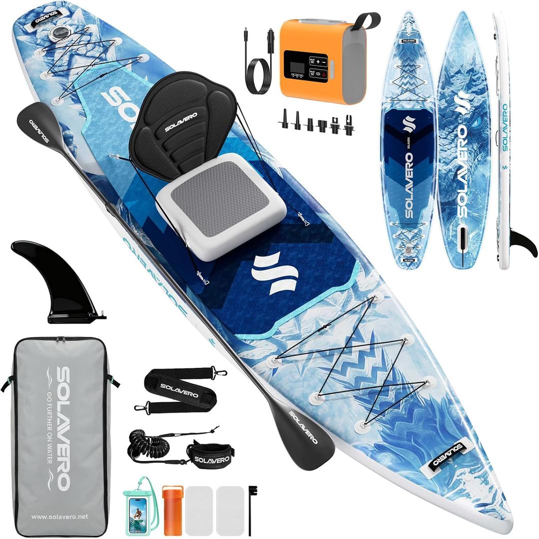 SOLAVERO Inflatable Stand Up Paddle Board, 12'5"33" Extra Large SUP with Seat Premium Accessories, Anti-Slip EVA Deck for Youth & Adults 600lb Capacity Adventure Paddleboard for Lake, River, Ocean