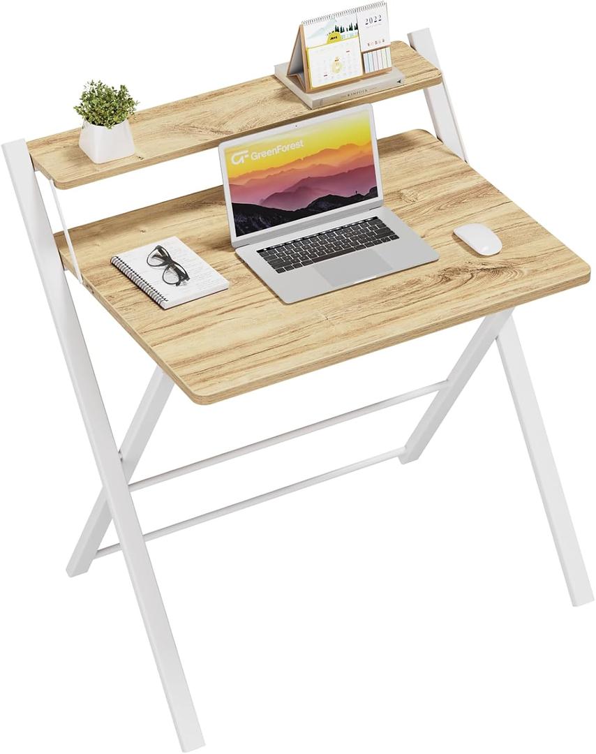 GreenForest Folding Desk No Assembly Required Small Size, 2-Tier Foldable Computer Desk with Shelf for Home Office, Space Saving Portable Laptop Study Foldable Table for Small Spaces, Oak (22 x 27.3 inch)