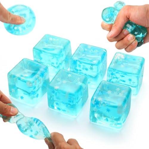 6 Pack Stress Balls Ice Cube with Snowflakes Inside, Sensory Squishy Ice Squeeze Toy Fidget Slow Rise Squishy Balls for Kids and Adults Anxiety Relief, Birthday Gifts Party Favors, Classroom Prizes