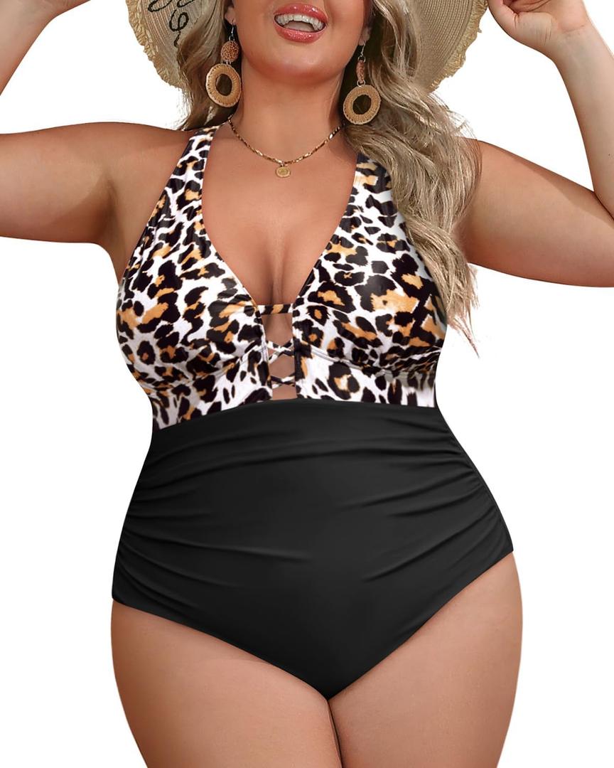 Yonique Women Plus Size One Piece Swimsuit Tummy Control Bathing Suits Lace up Plunge Swimwear (Leopard and Black)