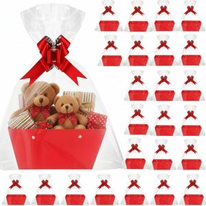 PerKoop 24 Pack Baskets for Gifts Empty Bulk 6.5 x 9.8'' Thick Kraft Gift Basket with Bows Bags Empty Gift Basket for Mother's Day Graduation Birthday Wedding Snack Farmers Market(Red)