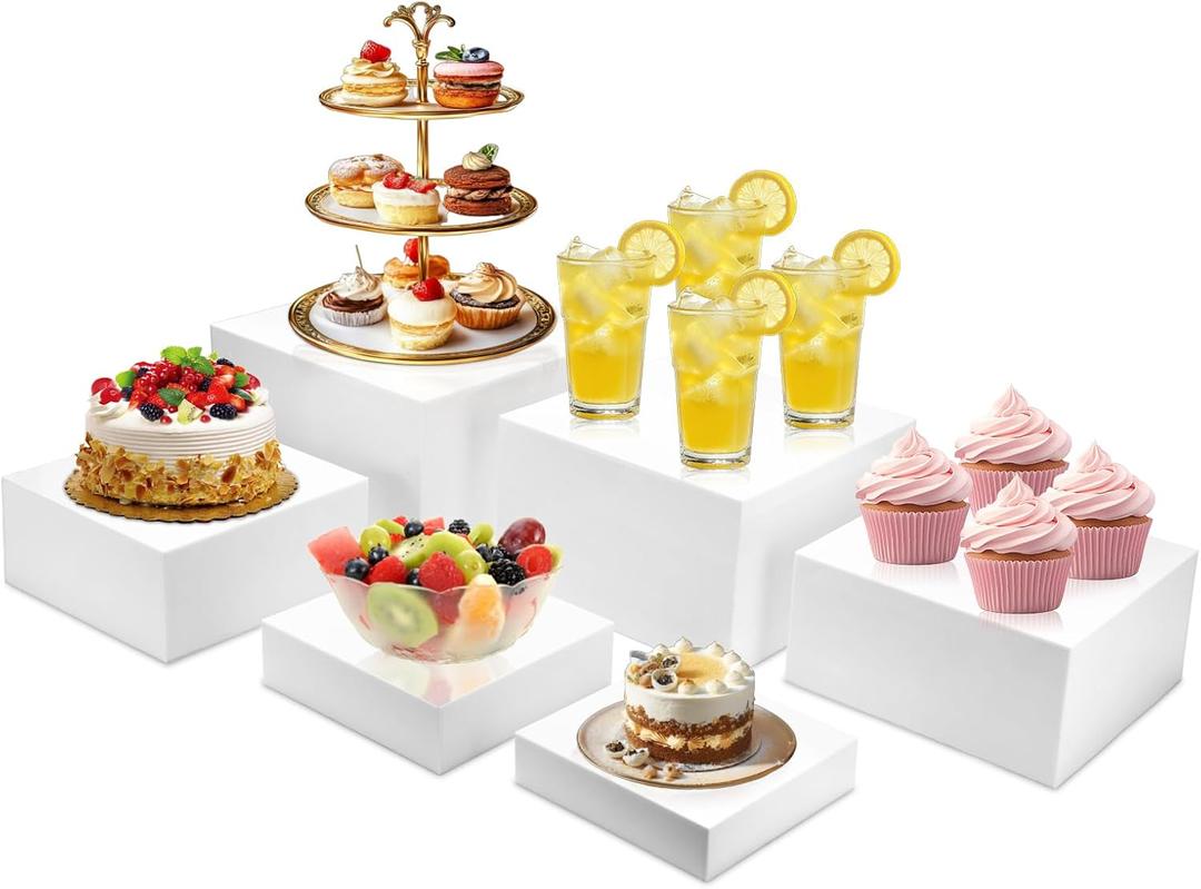 6PCS Buffet Risers, Food Display Risers for Party, Buffet Riser for Buffet Table, Acrylic White Boxes for Food Display Catering Dessert Jewelry(Size10 9" 8" 7.5" 6.7" 6")