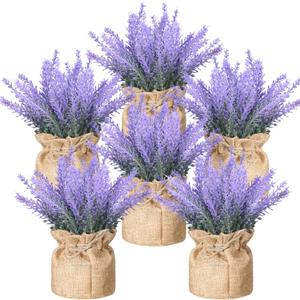 6 Pack Fake Lavender Plant Small Artificial Lavender Flowers Decor Burlap Bag Rustic Plant Potted for Kitchen Farmhouse Home Bedroom Wedding Table Country Indoor Decor