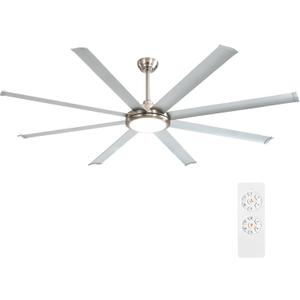 WINGBO 72 Inch Industrial Ceiling Fan with Light and Remote, 8 Aluminum Blades Ceiling Fan, 3CCT, 6-Speed Reversible Noiseless DC Motor for Kitchen Bedroom Living Room, Nickel and Silver