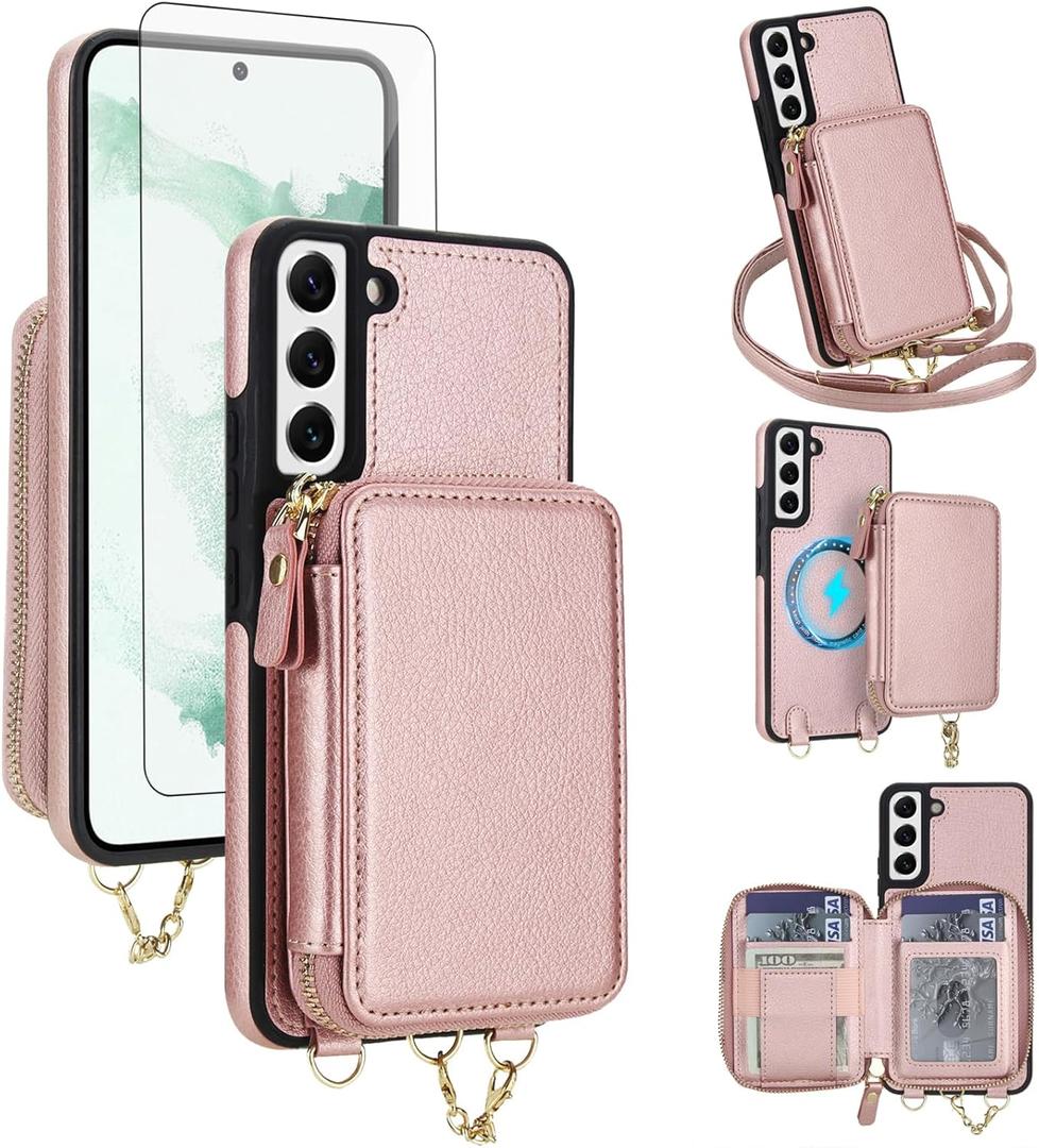 Phone Case for Samsung Galaxy S22 5G Wallet Zipper Handbag Cover and Screen Protector Crossbody Lanyard Strap 2-in-1 Magnetic Detachable Compatible with MagSafe RFID Blocking Flip S 22 Rose Gold
