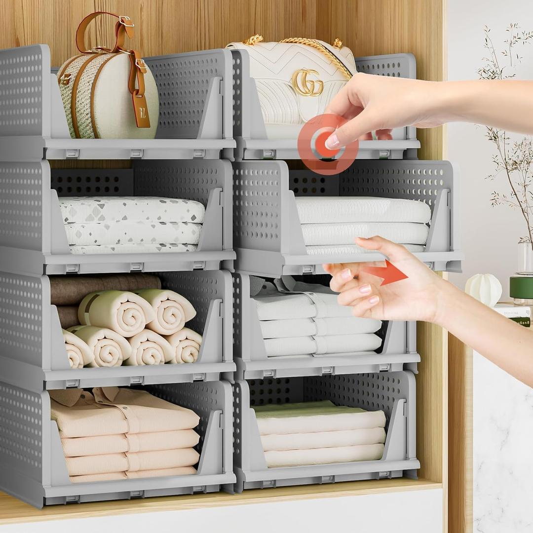 Stackable Plastic Storage Drawers for Closet Organizers and Storage, Open Storage Bins Closet Shelf Clothes Organizer for Closet Wardrobe (5, Grey)