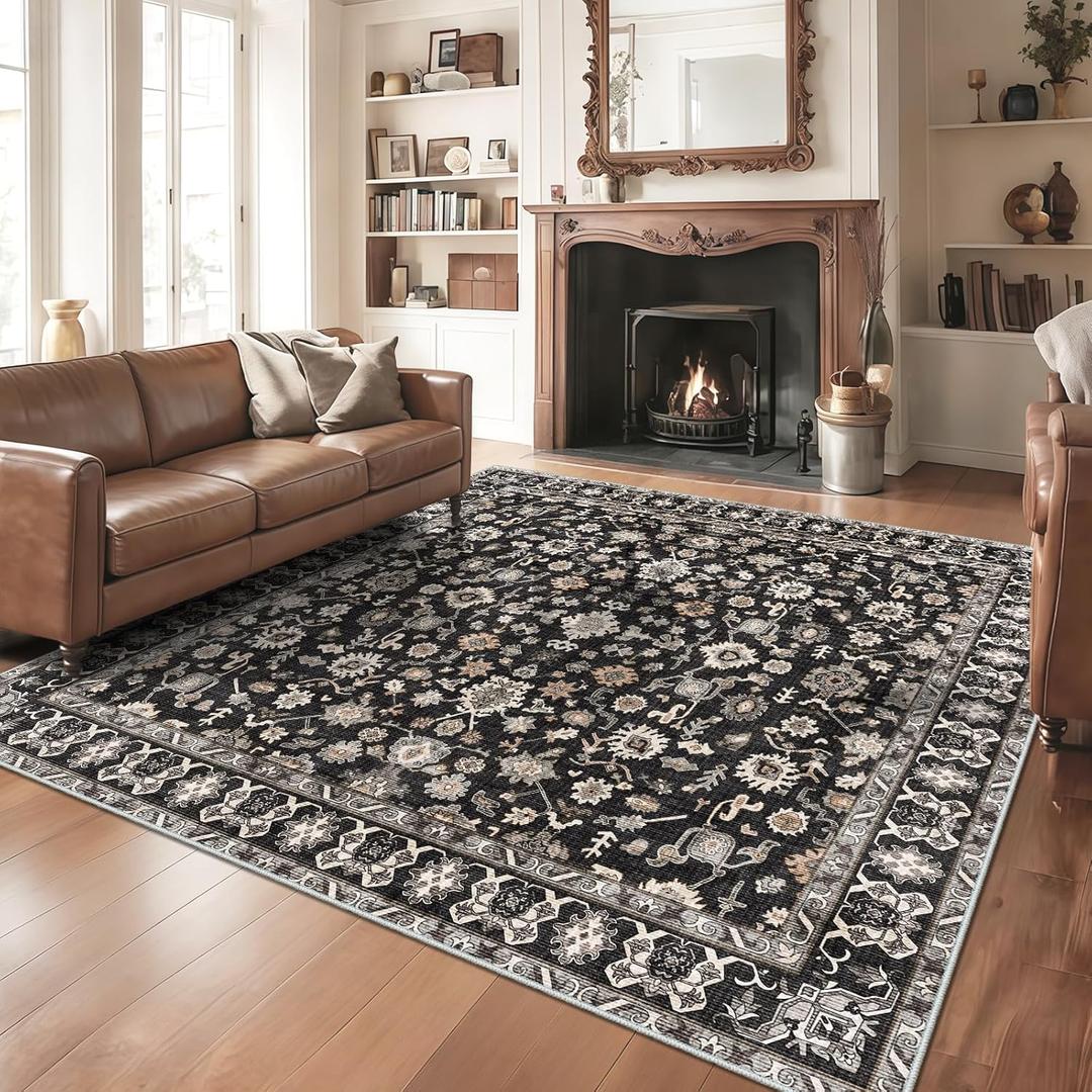 Washable 6x6 Square Rug: Non Slip Soft Stain Resistant 6 ft Carpet for Living Room Bedroom Dinning Room Entryway - Low Pile Indoor Floor mat Farmhouse Decor for Family with Pets & Kids 6x6 Black