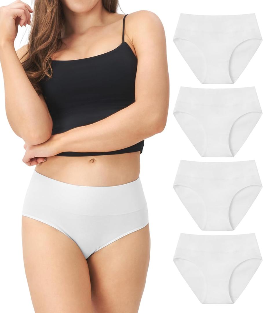 DAVID ARCHY Cotton High Waisted Underwear for Women Tummy Control Panties Full Coverage Briefs 4 Pack Regular & Plus Size (Large, Belted Style White)