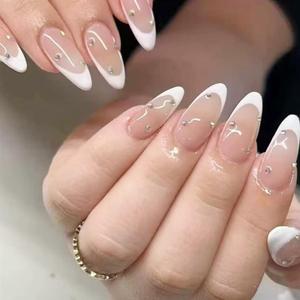 French Tip Press on Nails Long Fake Nails White Tips False Nails Full Cover Gradient Wearable Nails Reusable Glue on Nails Ballet Nails for Women and Girls Daily Wear Nails Decoration 24Pcs