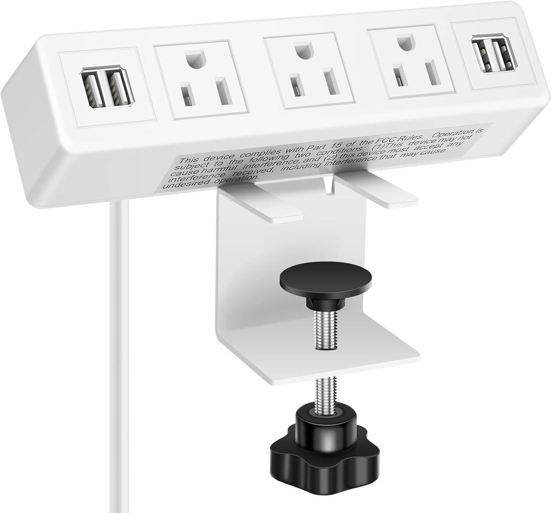 3 AC Outlet Desk Clamp Power Strip White, Desk Mount USB Charging Power Station, Removable Desktop Edge Power Center Plugs Output 125V/60HZ/12A/1500W, USB 5V/4A 6.56FT Cable