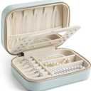 Genuine Leather Travel Jewelry Organizer Case with Mirror for Women, Small Mini Portable Jewelry Box for Ring Earrings Necklace Bracelet Luxury Gift for Women（Cyan)