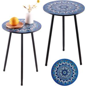 2 Packs Metal Mosaic Round Side Table 13.4" Small Outdoor Patio Round Accent Coffee Tables Indoor Corner Stand for Small Spaces Weather-Resistant for Balcony Plant Stand (Blue)