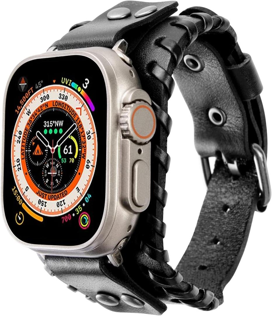 Compatible with Apple Watch Band 49mm 46mm 45mm 44mm 42mm 41mm 40mm 38mm iWatch Ultra Series 10/9/8/7/SE/6/5/4/3/2/1 for Men Women, Leather Handmade Cuff Bracelet Woven Vintage Strap (Black)