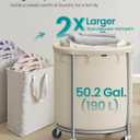 SONGMICS 50.2-Gallon (190 L) Laundry Basket with Wheels, Rolling Round Heavy-Duty Laundry Hamper Cart with Steel Frame and Removable Bag, 2 Locking Wheels, Cream White and Metallic Silver URLS01MZ