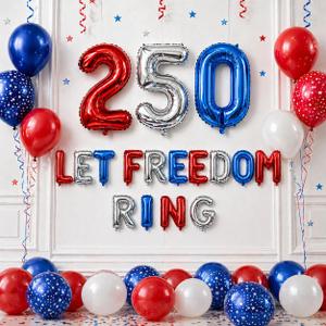 250th Independence Day Balloon Decorations, 48PCS Patriotic Balloon Set with 40 Inch 250 Foil Balloons, Let Freedom Ring Banner for 4th of July Party Supplies 2026 Decor