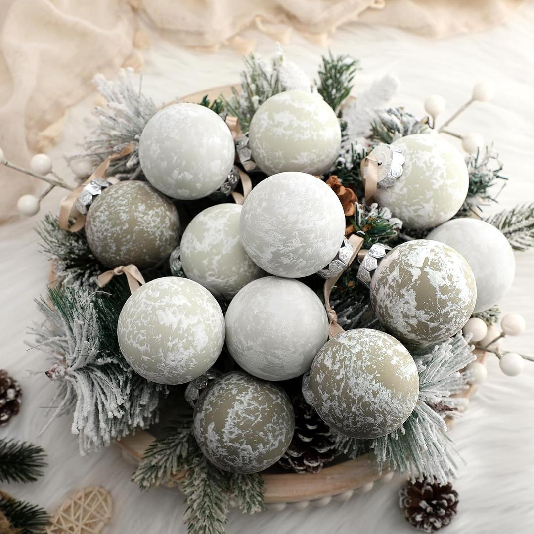 12 Pcs Textured Christmas Ball Ornaments 2.36'' Neutral Matte Powder Christmas Tree Ball Decor Vintage Shatterproof Modern Hanging Ornament with Hanging Loop for Xmas Tree(Beige)