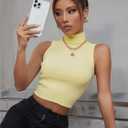 Verdusa Women's Crop Tops Old Money Clothes Sleeveless High Mock Neck Knit Fitted Basic Tank Top (X-Large, Light Yellow)