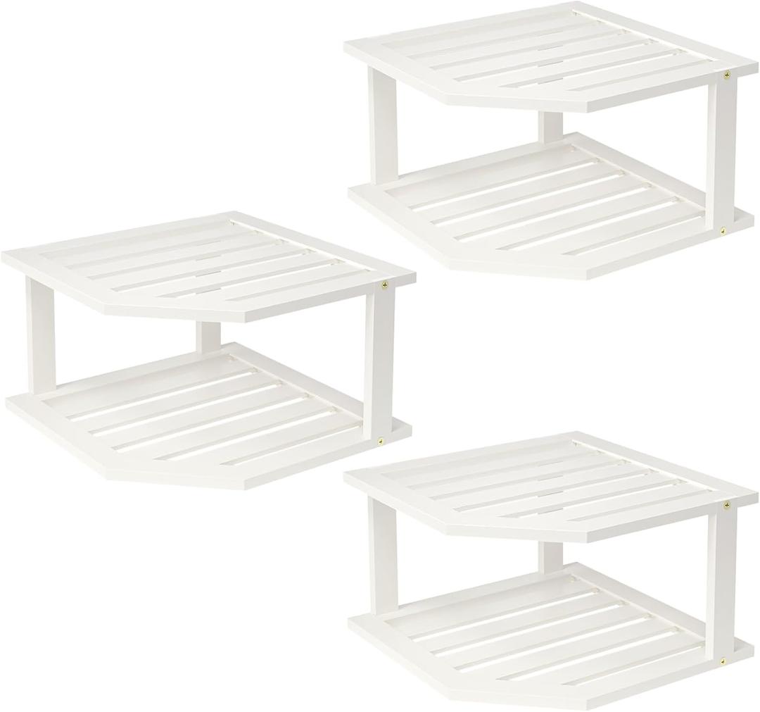 VERTORGAN Bamboo Corner Shelf(3 Pack),2 Tier Plate Organizer for Cabinet and Countertop,Pantry Dish and Spice Rack for Kitchen(White)