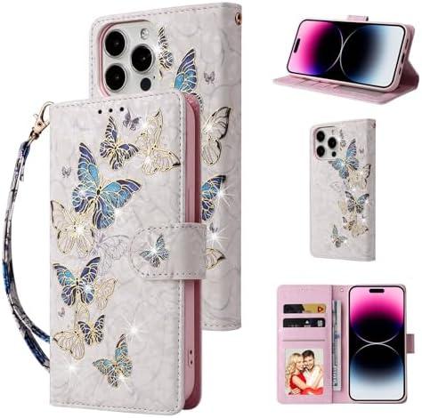 UEEBAI Wallet Case for iPhone 16 Pro Max, PU Leather Phone Cover Kickstand RFID Blocking Flip Case Card Slots Wrist Strap Relief Engraved Pattern Magnetic Closure Flower Folio Wallet, Blue Butterfly