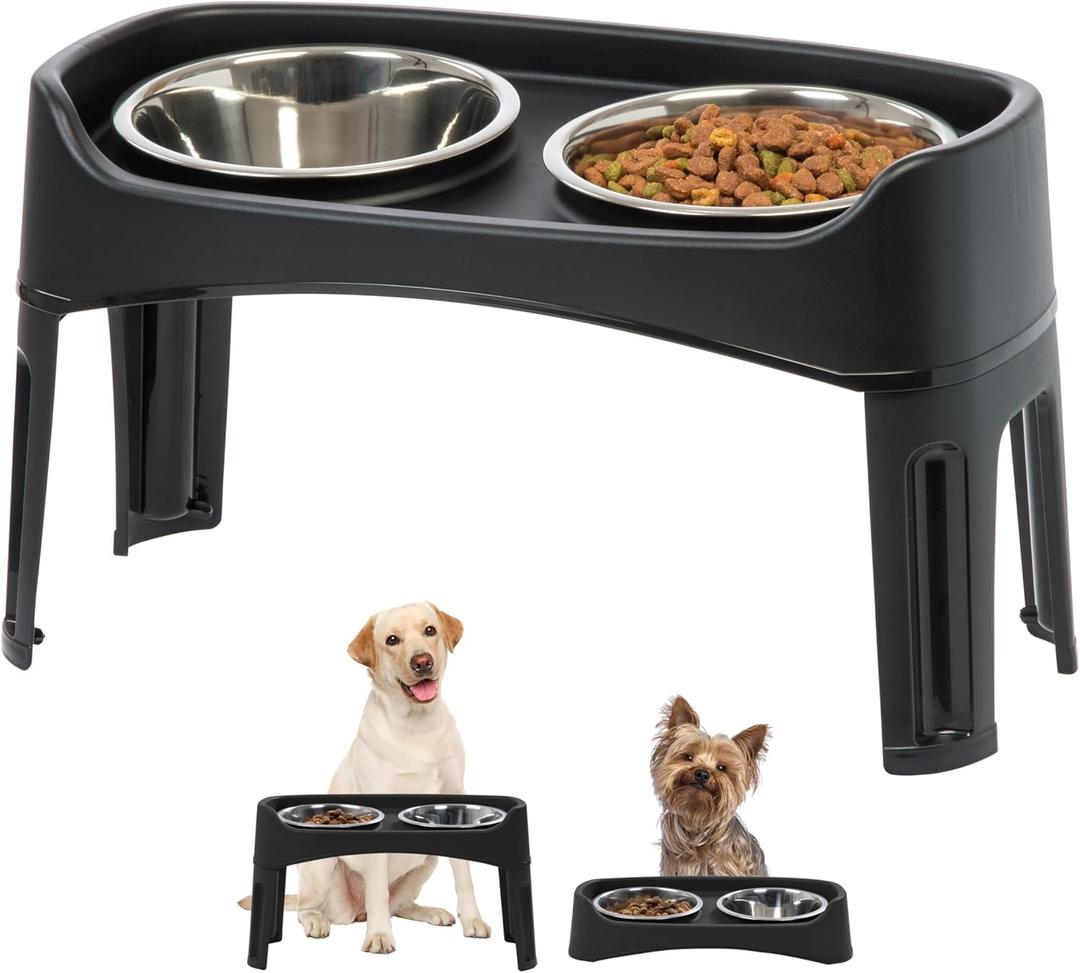 IRIS USA Elevated Dog Bowls, Adjustable Height, 2 Thick 64 oz Stainless Steel Bowls, Spill-Proof with Raised Outer Rim, Durable Made in USA Plastic, Easy Assemble, 2 Heights 4.63" or 12.25"
