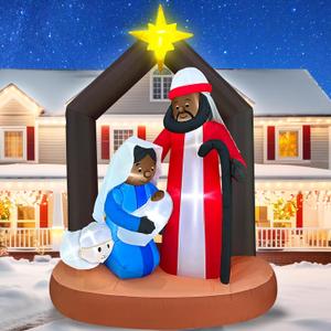 Black Santa Christmas Decorations, 7 Ft Tall 5 Ft Long African American Christmas Inflatable Black Nativity Scene Outdoor Decoration, Blow Up Jesus Manger Set with Built-in LEDs Xmas Decor Yard Lawn