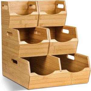 Bewbow [Upgraded] 3-tier Stackable Bamboo Pantry Storage Bins, Potato and Onion Storage Baskets with Handles, Removable Divider, Pantry Organizer Holder for Kitchen, Office, Cabinet, Fruit Storage