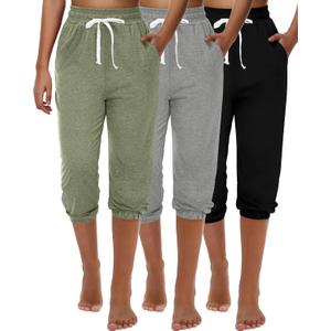 Ficerd 3 Pcs Women's Capri Sweatpants Joggers Summer Casual Sports Cropped Lounge Pants High Waisted Athletic with Pockets 
(Black, Bean Green, Light Grey, XLarge)