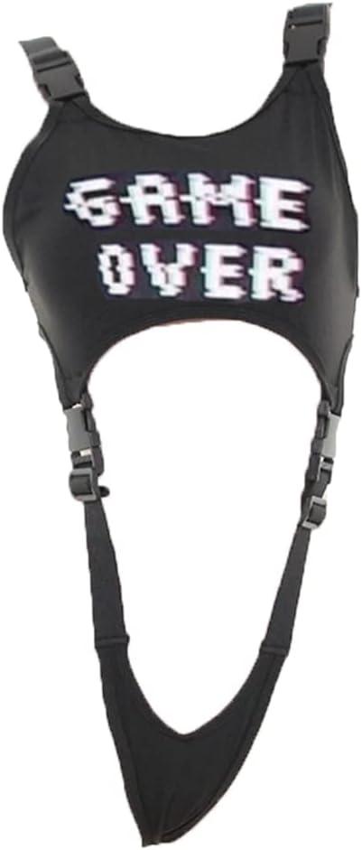 JasmyGirls Cosplay Lingerie Anime Bikini Costume Goth Buckle Crop Tops Rave Outfit Sexy Game Over Bodysuit Punk Slingshot (Small-Medium, Black)