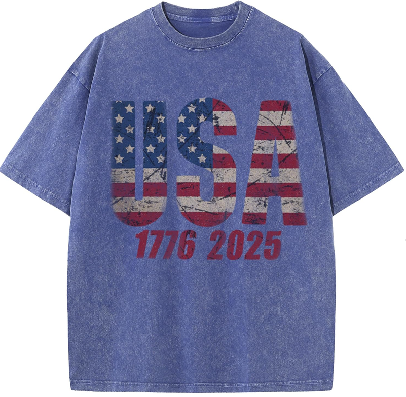 4th of July USA Shirts for Men - 2025 Oversized Crewneck American Flag USA 1776-2025 Shirts L