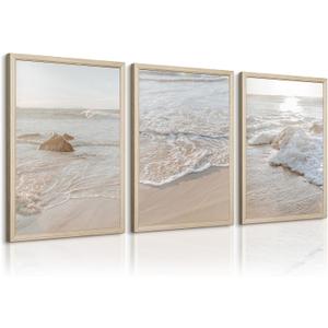 Beach Wall Art Decor Coastal Wall Art Pictures Ocean Canvas Wall Art Beige Beachy Wall Decor Boho Beach Prints Ocean Painting Coastal Artwork for Bedroom Living Room 16x24 Inch Wood Framed Set of 3
