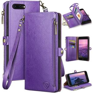 XcaseBar for iPhone 7Plus/8 Plus 5.5" Wallet case with Zipper Credit Card HolderRFID Blocking, Flip Folio Book PU Leather Phone case Shockproof Cover Women Men for Apple 7 Plus case, Purple