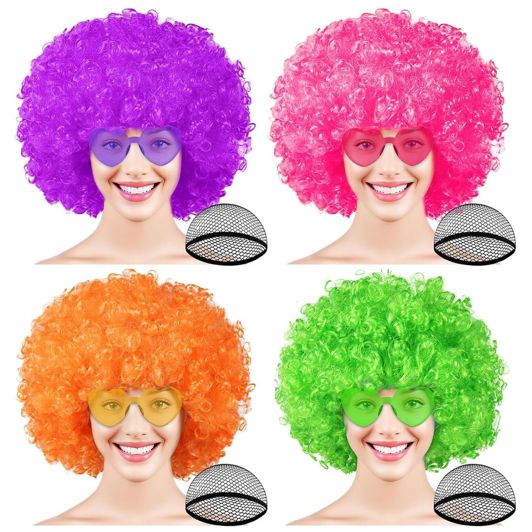 PLULON 4 Pack Colored Afro Wig with Heart Sunglasses Hair Cap for Women Men, Funny Curly Afro Wigs Disco Hippie Party Hairpieces for Halloween Costume Cosplay Party Carnival Music Festival Decor (Orange, Hot Pink, Green, Purple)