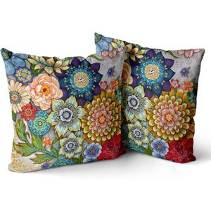 Snycler Boho Floral Throw Pillow Covers Set of 2 Colorful Boho Flower Decorative Cushions Pillowcase for Bedroom Sofa Home Decor, 24x24 Inch, Velvet, Short Plush