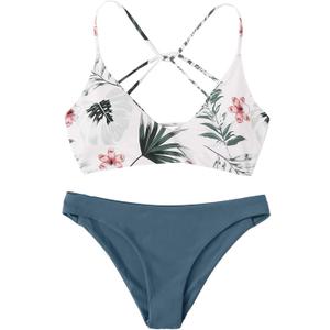 SweatyRocks Women's Sexy Bathing Suit Floral Print Cross Back Bikini Set Swimsuits (White-1)