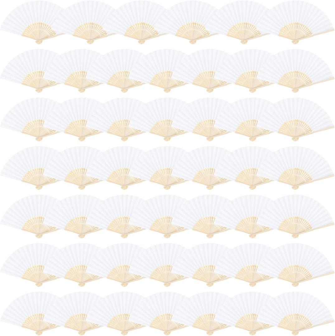 Aneco 48 Pieces Handheld Paper Fans Paper Folding Fans with Bamboos for Wedding Gift, Party, Home, DIY, White