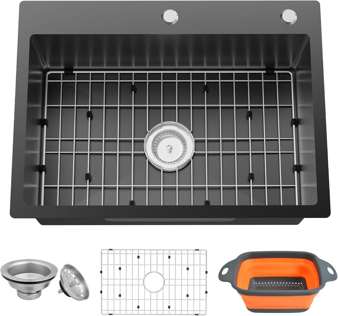 Black Kitchen Sink,25x18 Inch Kitchen Sink Stainless Steel Drop In Kitchen Sink Topmount Stylish and Modern Look Sink With Bottom Grid,Drain Basket And Drain Assembly Add Elegance & Enhance Usability