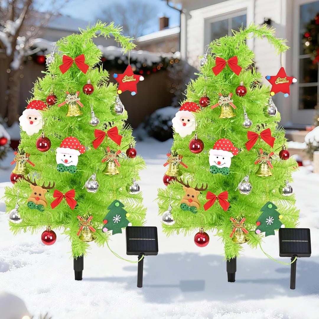 2 Pack Solar Christmas Tree, 31.5" Outdoor Whimsical Christmas Tree, Bendable Xmas Trees with LED Light & Ornaments, Waterproof Solar Christmas Lights for Yard, Pathway, Outdoor Christmas Decor