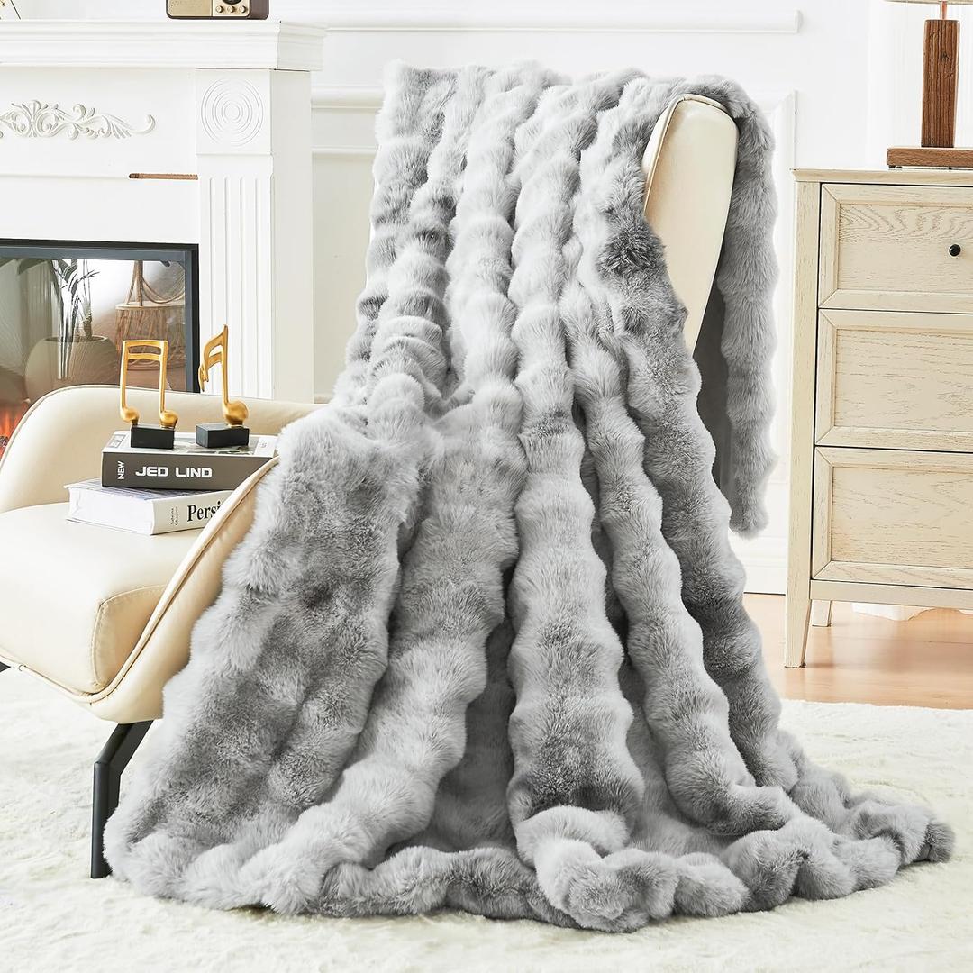 Bigacogo Faux Fur Throw Blanket for Couch, Fuzzy Soft Plush Thick Warm Bubble Blankets for Sofa Bed Living Room Dcor, Cute Luxury Cozy Fluffy Throw Gift for Women Girls, 50"x60", Tie-dye Grey