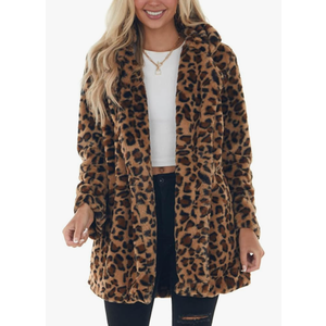 Omoone Women's Faux Fur Jackets Autumn Winter Leopard Coats Loose Fur Coat with Pockets Size XL