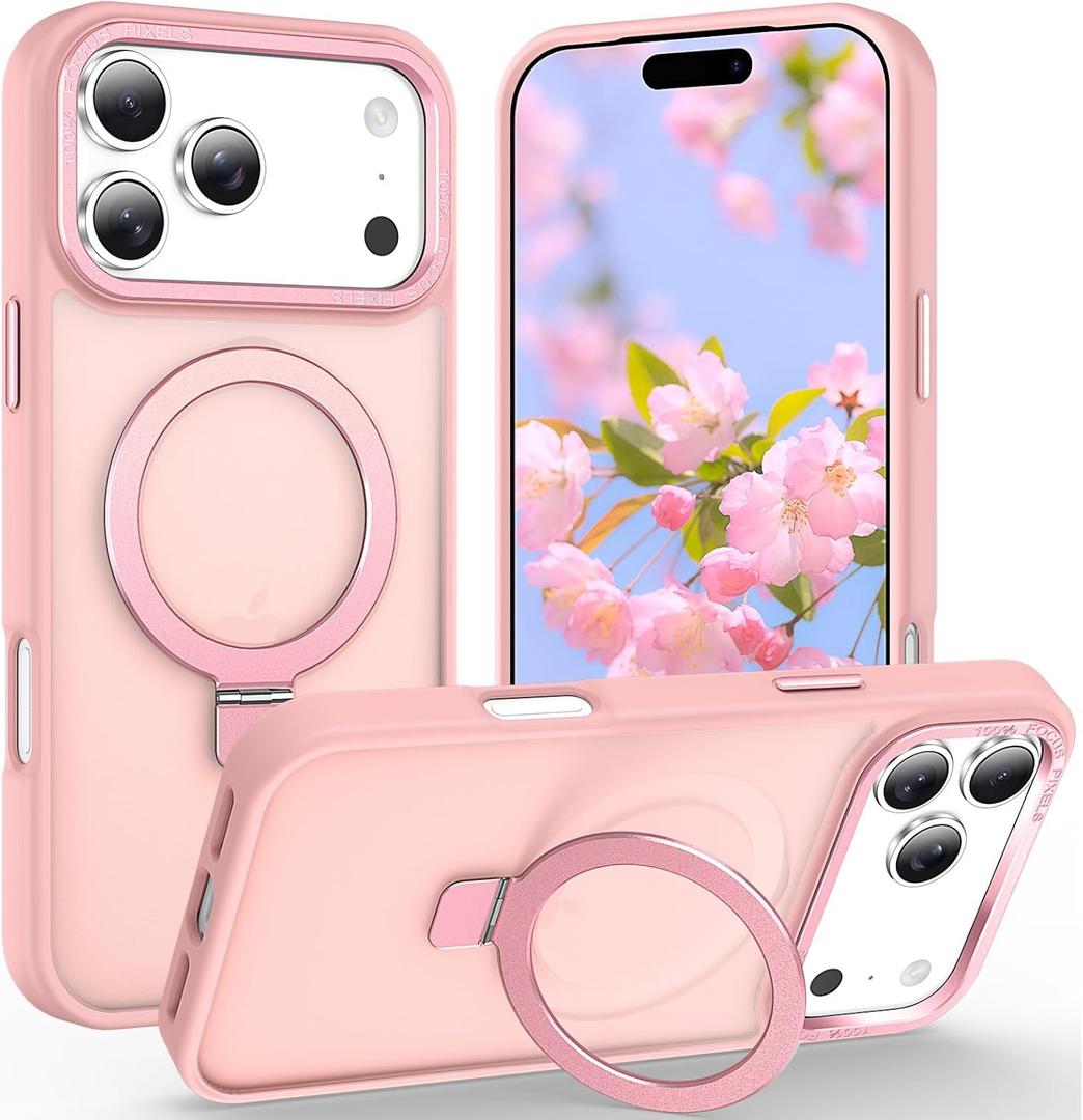 Magnetic for iPhone 17 Pro Max Case with Ring Stand, [10 FT Drop Protection] [Velvety Touch] Slim Translucent Matte Back Shockproof Phone Case for iPhone 17 Pro Max 6.9'', Pink