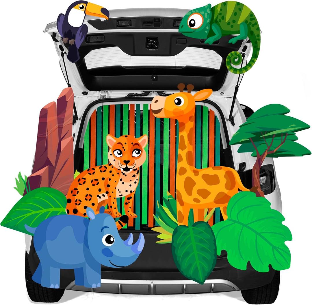 2 x JOYIN Halloween Trunk or Treat Decorations Kit Jungle Theme with Rhinoceros, Giraffe, Parrot, Chameleon, Cheetah, etc Zoo Animal Car Decorations Kit for Outdoor SUV Garage Archway Door House