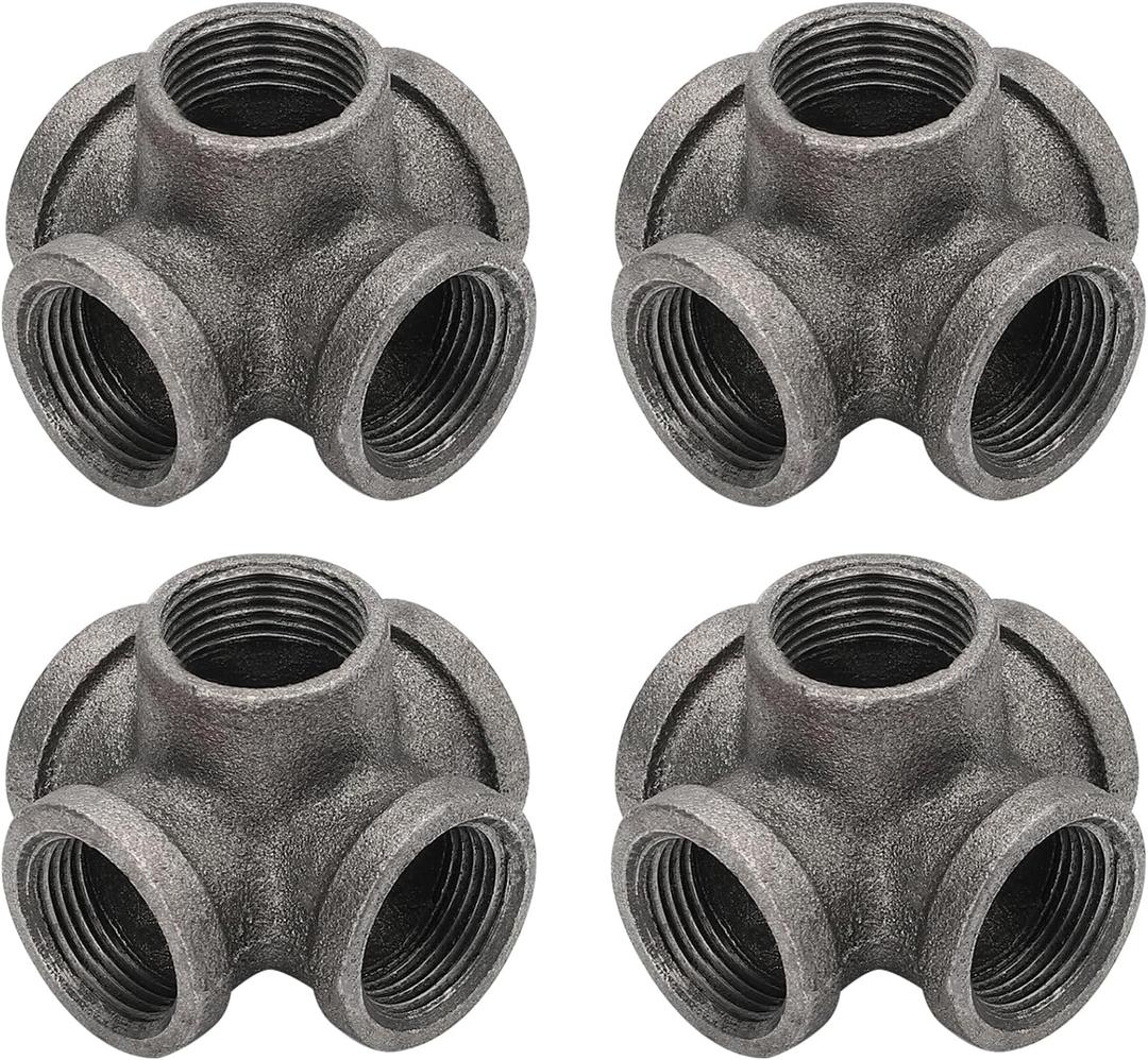 Home Expert Pipe Fittings 3/4" Metal Pipe, 4 Pack 5-Way Side Outlet Tee Malleable Cast Iron Threaded Pipe Fittings for Industrial Pipe Shelves Bracket, Industrial Vintage Furniture (Gray)