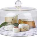 Flexzion Marble Cake Stand with Lid Round Glass Cover Glass Dome Cake Saver Cheese Holder Serving Platter Stone Cake Stand Cutting Board Slab Set for Kitchen Dining Bakery Pastries Display, 11 Inches