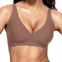 Vertvie Womens Wireless Seamless Bras Deep V No Underwire Push Up Bras Supportive Full Coverage Bralettes Plunge T Shirt Bra (X-Large, Coffee)
